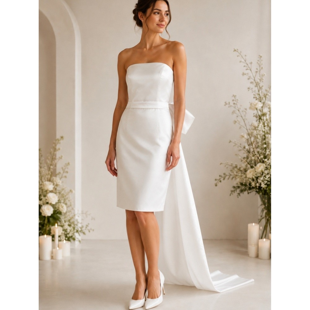 White Strapless Corset Back Bridal Dress with Oversized Bow and Long Train Sz 20